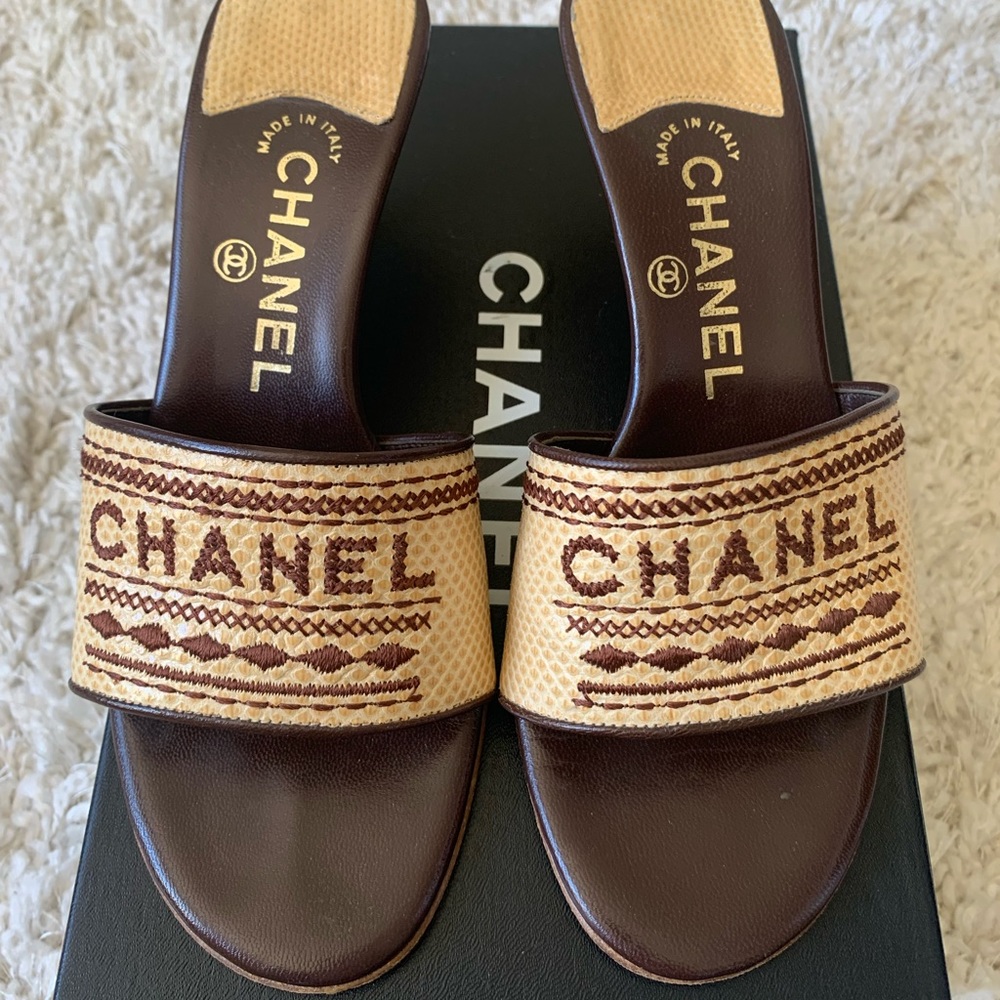 Chanel logo sandals lizard skin and leather